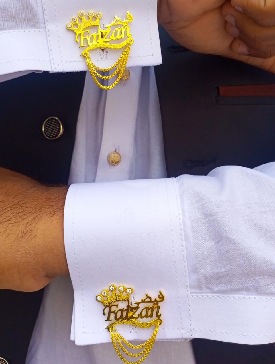 Customized Name Cufflink with Crown & Chain
